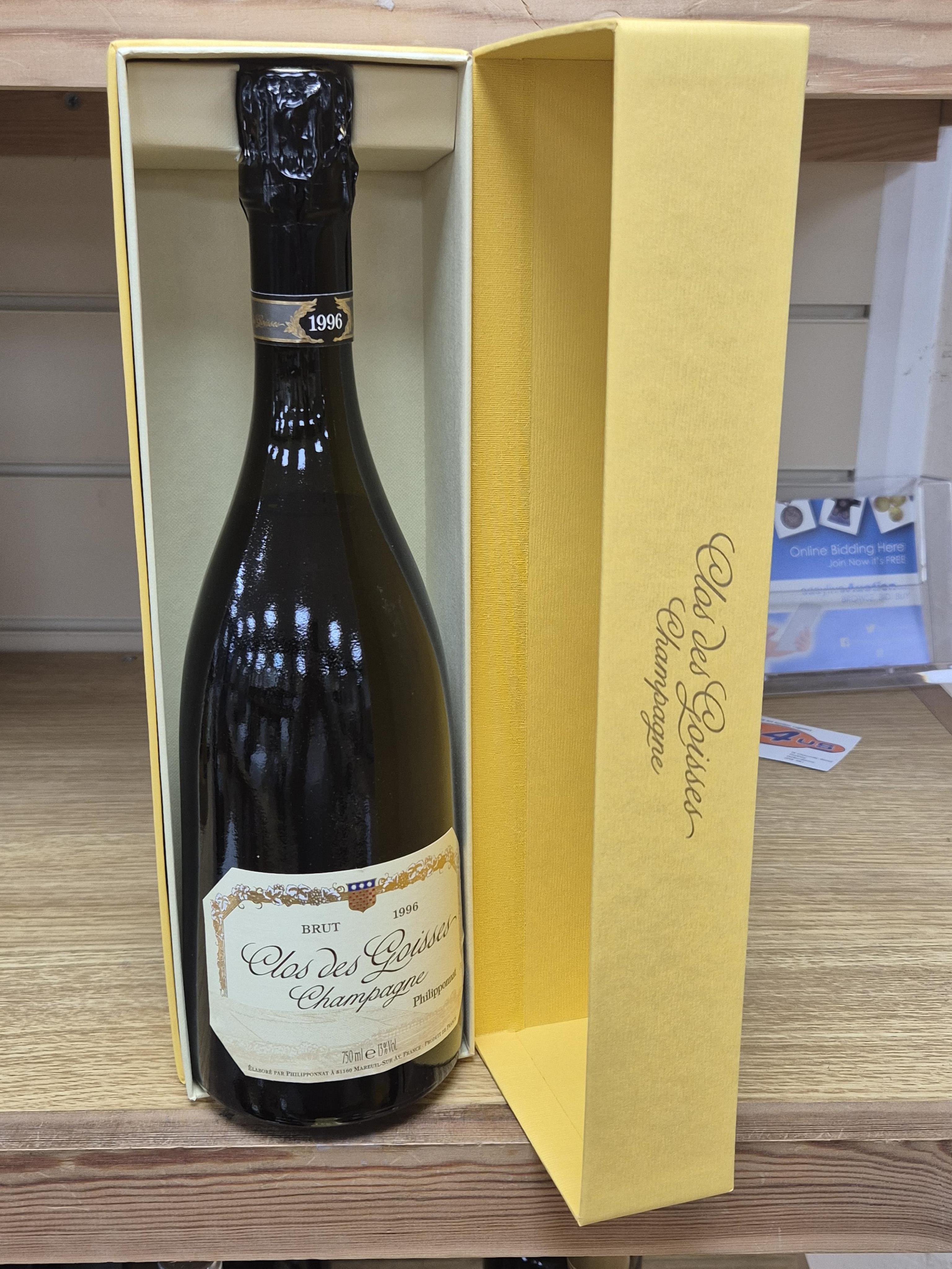 A bottle of Clos des Goisses Champagne, 1996, cased